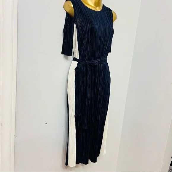 Topshop Pleated Midi Dress – Navy Cream Colorblock Tie Waist – Size 6 - Picture 3 of 6